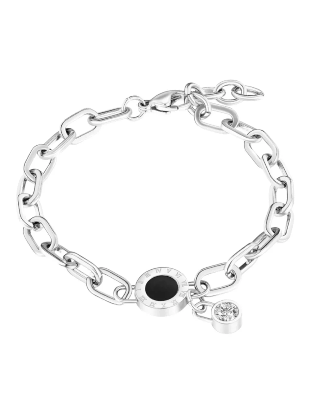 Stainless Steel Roman Numeral Bracelet Black Enamel CZ Charm Waterproof